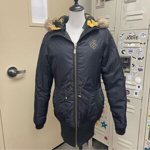 Rocawear Reversible Puffer Jacket Black  & Gold Logo L VTG FAUX FUR TRIM Y2K